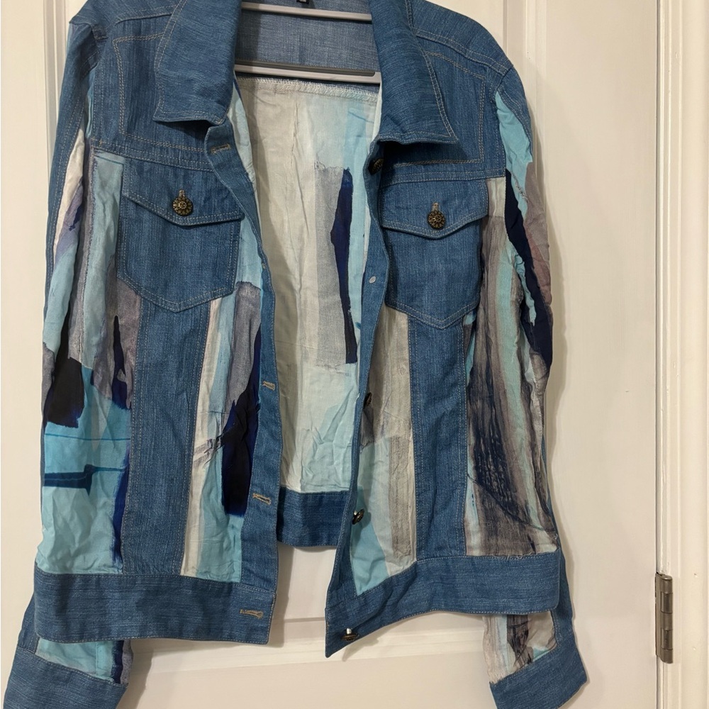 Artistic Blue Patchwork Denim Jacket For Women - image 1